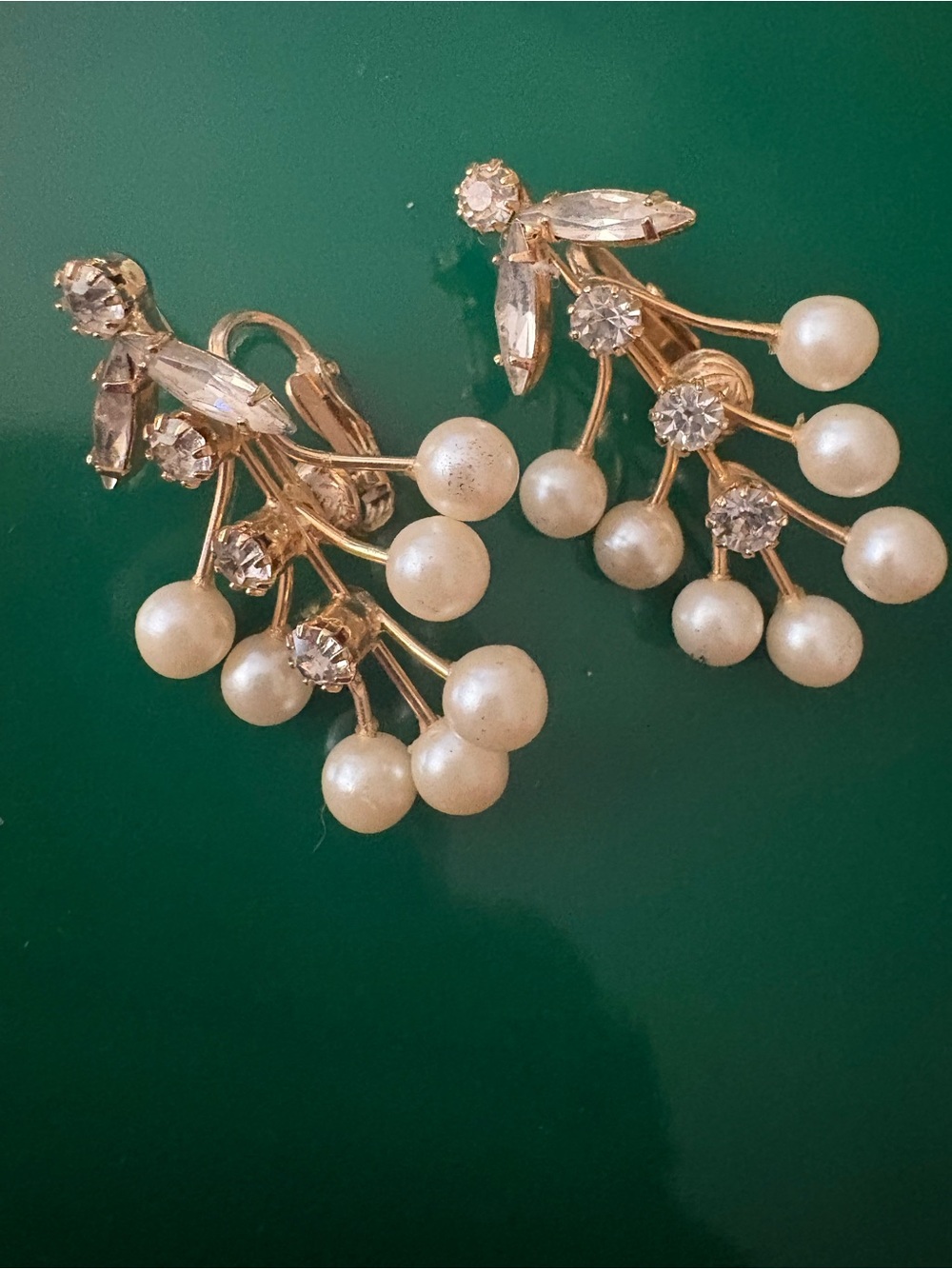 Vintage Gold Pearl and Crystal Cluster Clip-On Earrings